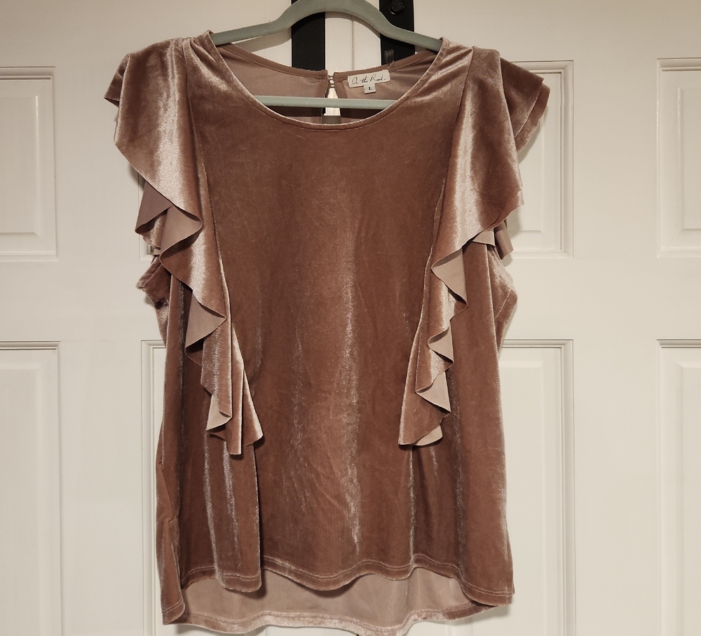 On The Road Velvet Ruffle Blouse in Taupe